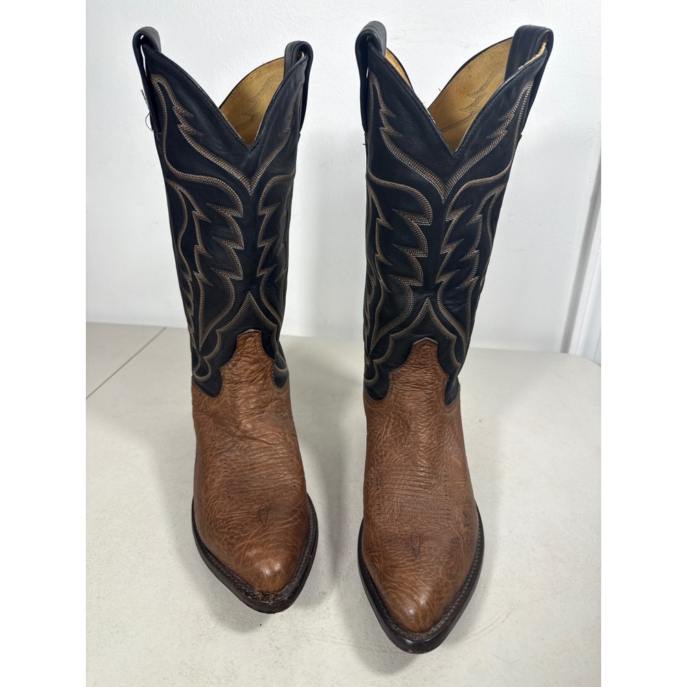 Tony Lama Two Tone Leather Western Cowboy Boot Tan Black Stitched Tall M71/2 L 9